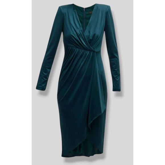 Badgley Mischka Slinky Satin Draped Midi Wrap Cocktail Dress Emerald Green 8 - Picture 2 of 12